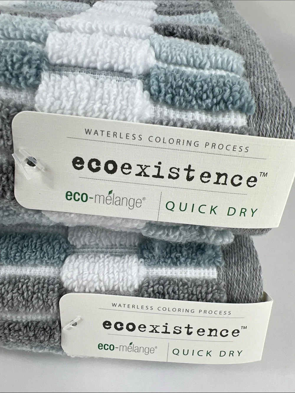 Ecoexistence Eco Melange Bath Towels Blue Gray & White Quick Dry Cotton 2 Pc NEW